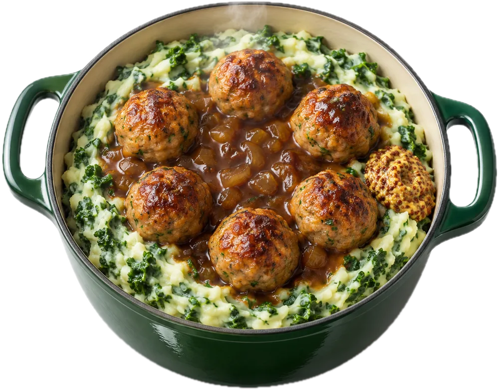 Boerenkoolstamppot met jus en kipgehaktballetjes in de pan