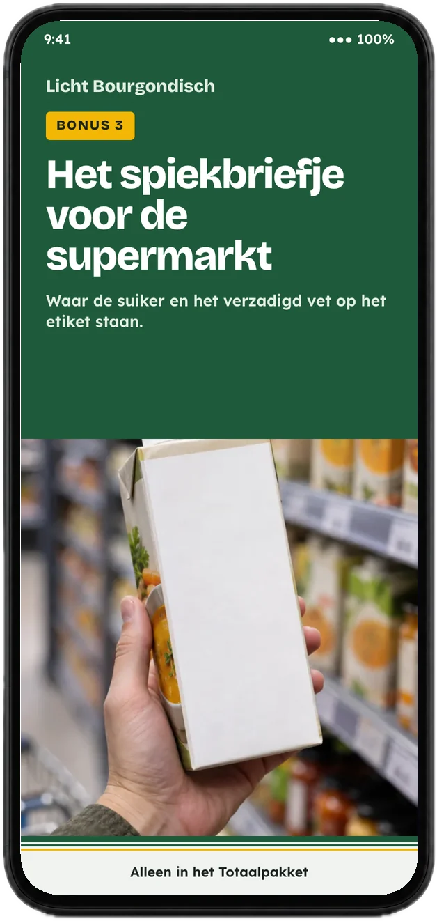 Voorkant van bonus 3 op een telefoon: het spiekbriefje voor de supermarkt