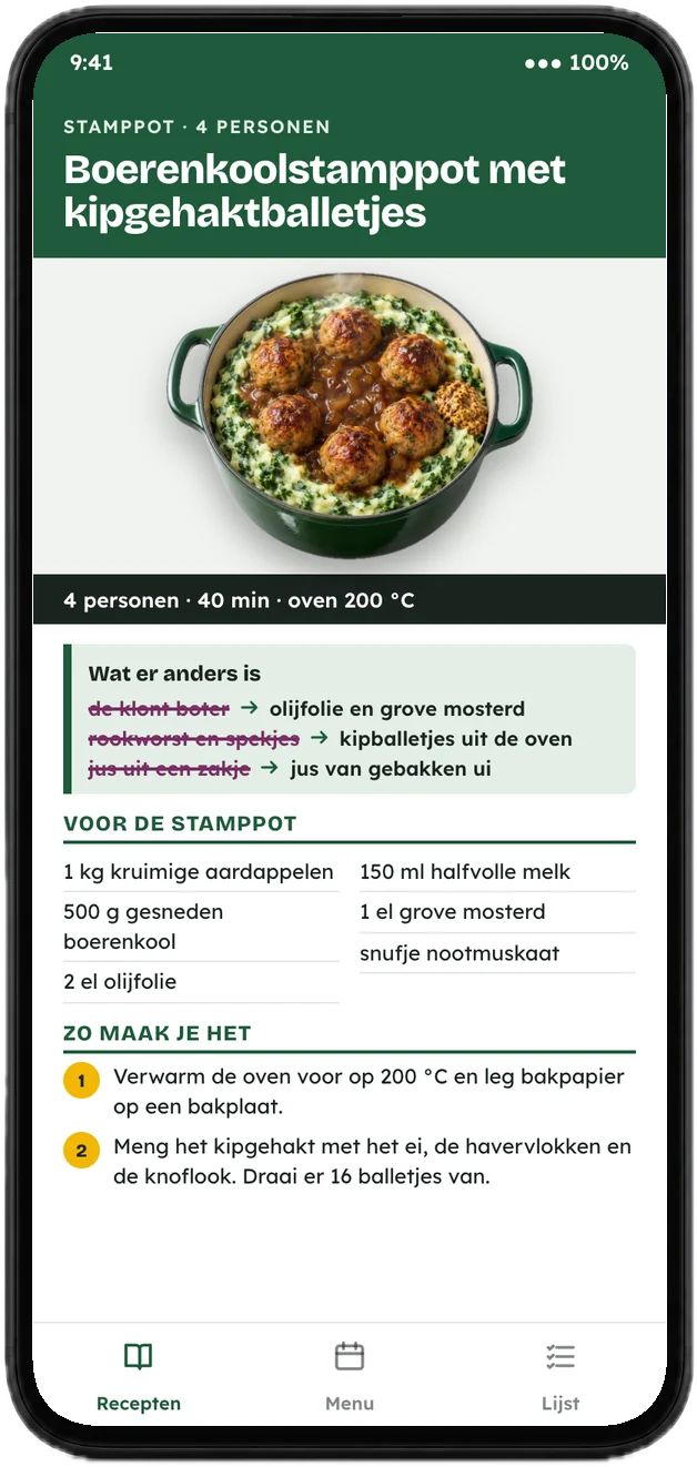 Een recept in de app, met het blok wat er anders is