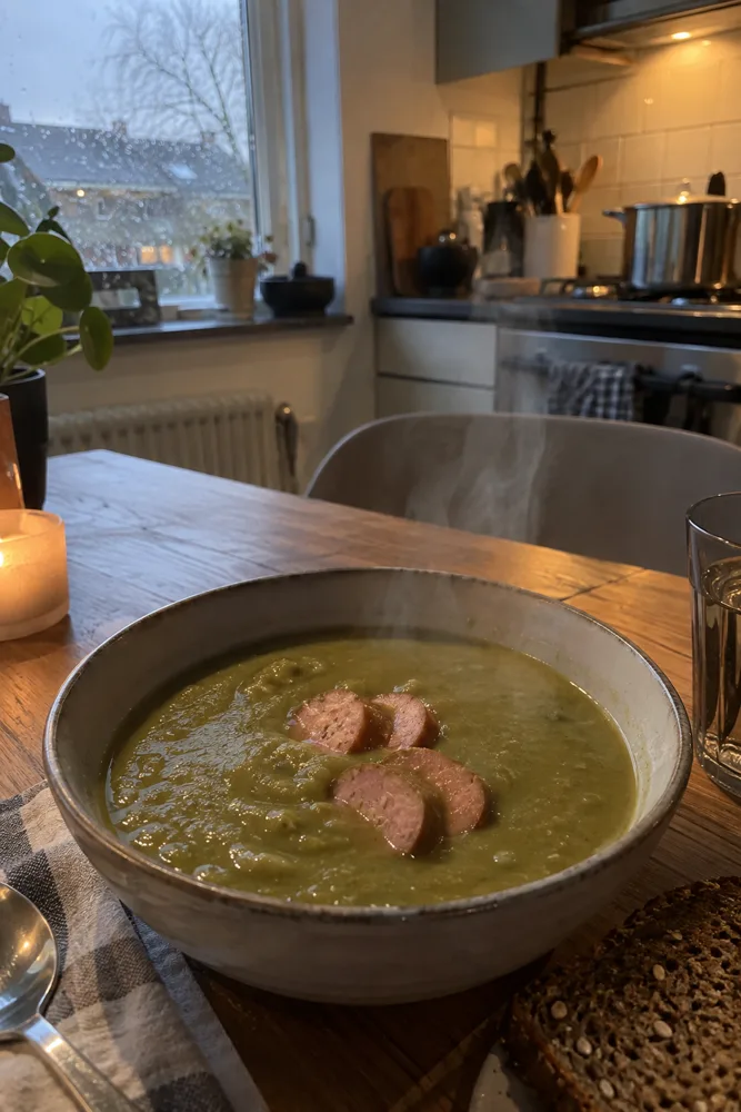 Een kom dikke erwtensoep met roggebrood op de keukentafel, buiten regent het