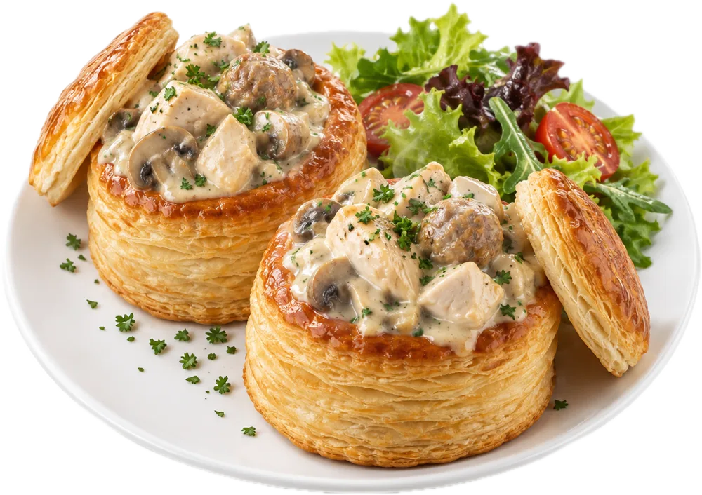 Twee bladerdeegpasteitjes vol kipragout met champignons en balletjes